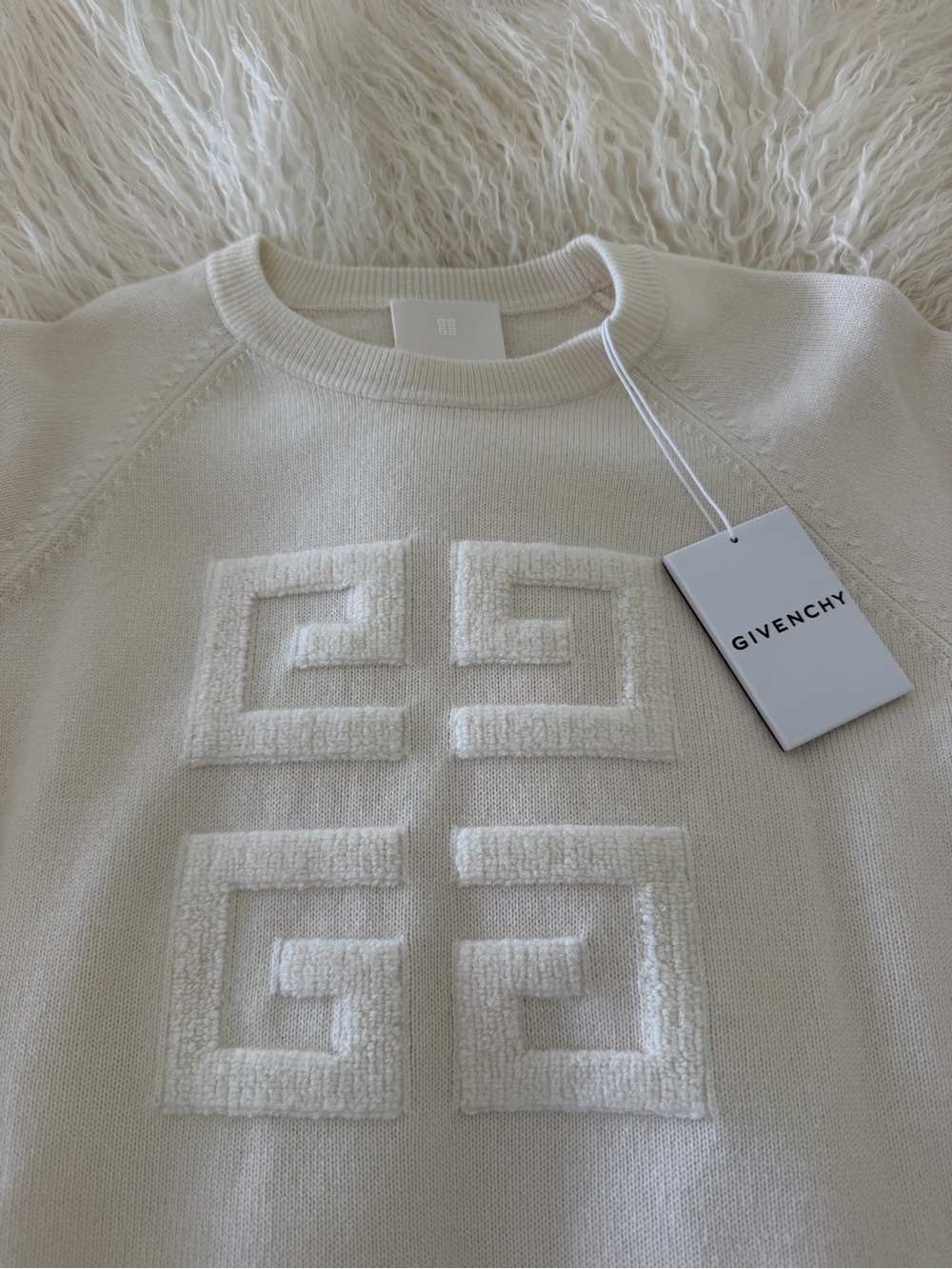 Givenchy Cream Crewneck 100% Cashmere Sweater with Embossed Logo